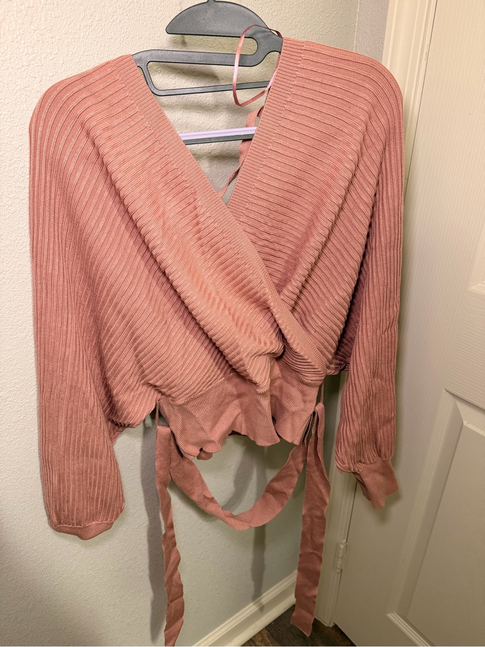Love Tree Ribbed Wrap Tie-Front Top - Dusty Rose Pink